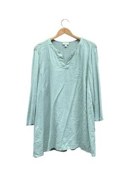 J Jill Love Linen Popover Notch Neck Green Tunic Blouse Plus Size 3X Knit Woven